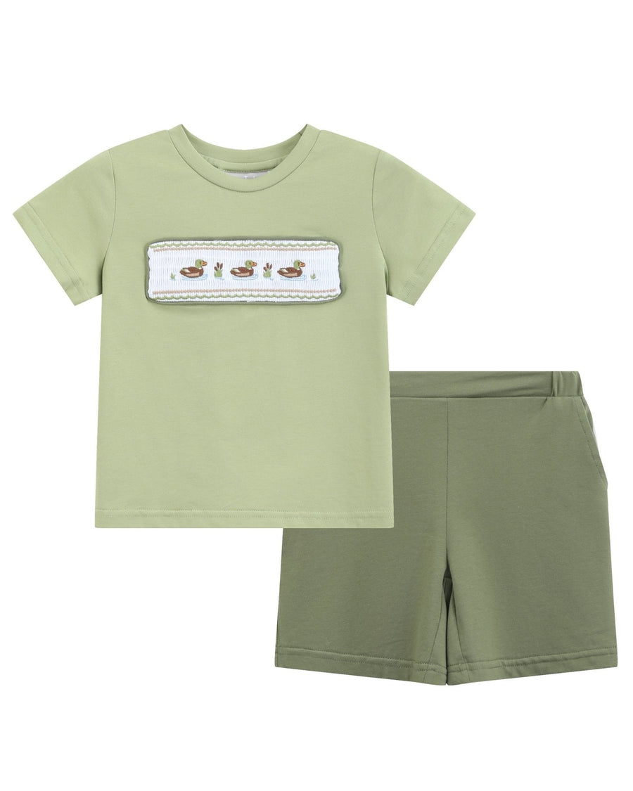 Pistachio Green Mallard Duck Smocked Shirt and Shorts Set - Lil Cactus