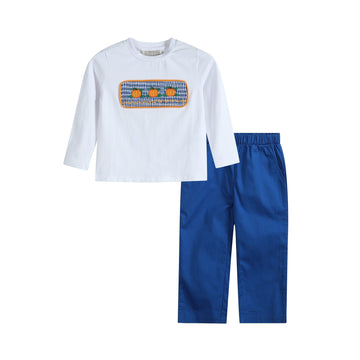 Pumpkin Smocked White Shirt and Blue Pants Set - Lil Cactus