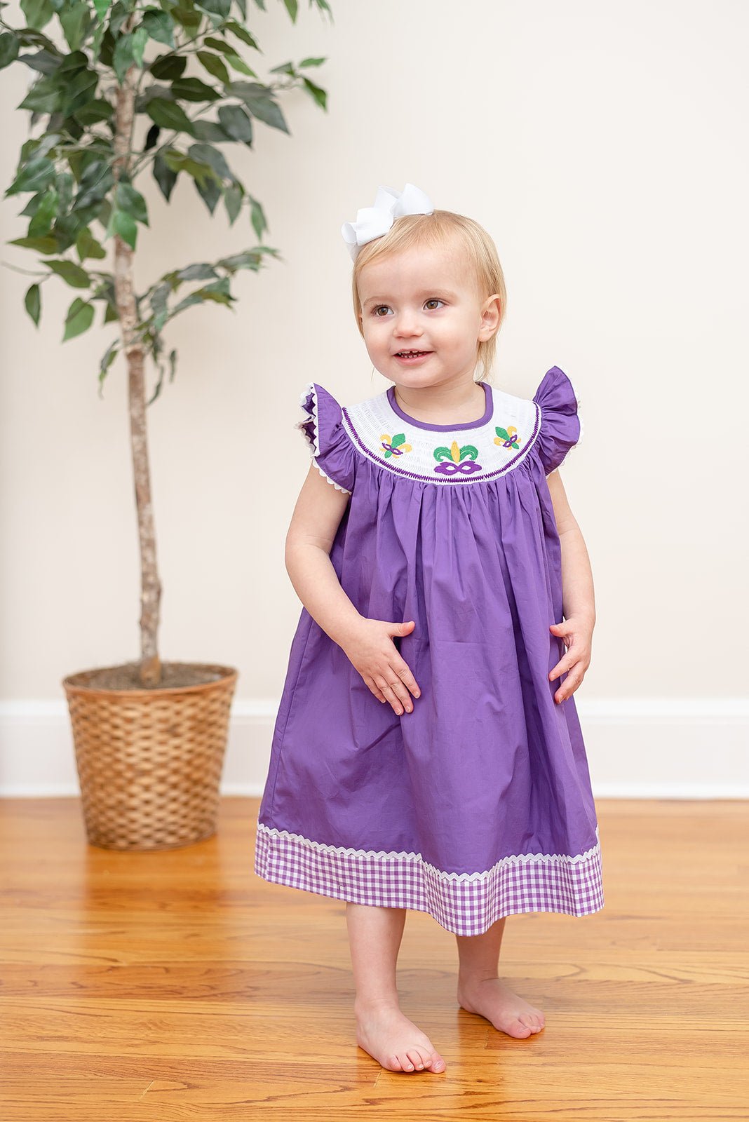 purple dress for mardi gras Purple and Gingham Mardi Gras Smocked Bishop Dress