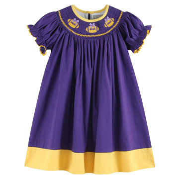 Purple and Gold Football Smocked Bishop Dress - Lil Cactus