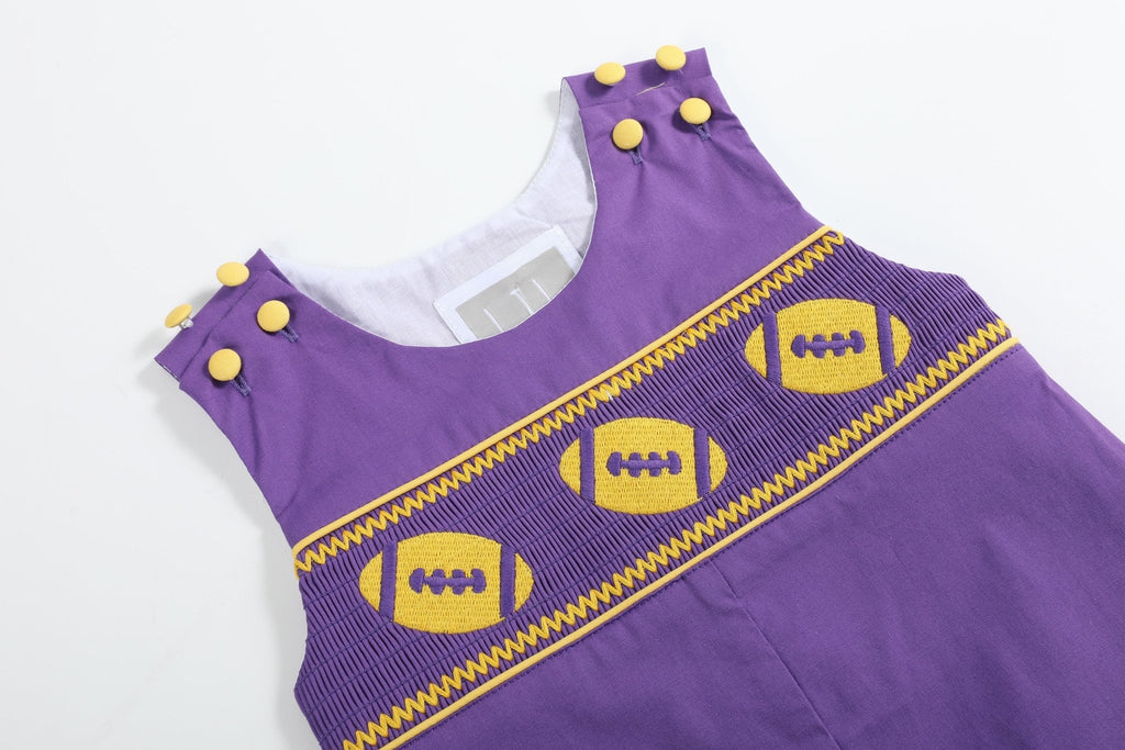Purple and Gold Football Smocked Overalls - Lil Cactus