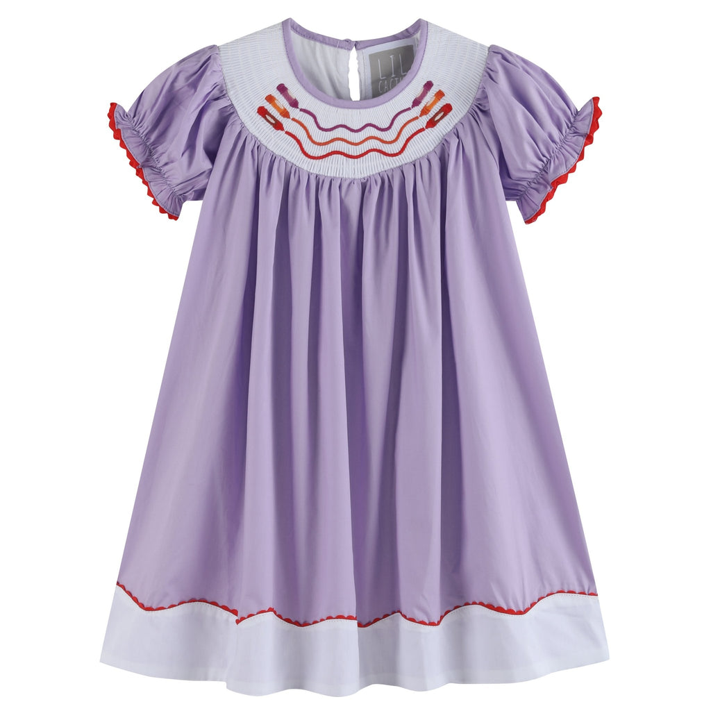 Purple Gingham Crayon Back to School Smocked Bishop Dress - Lil Cactus