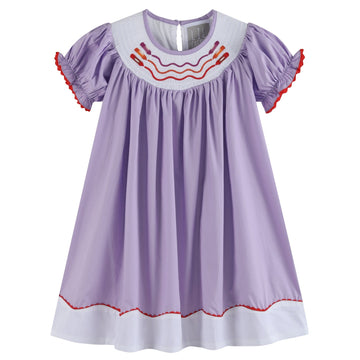 Purple Gingham Crayon Back to School Smocked Bishop Dress - Lil Cactus