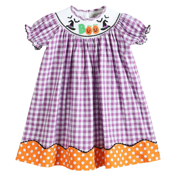 Purple Gingham Halloween Boo Smocked Bishop Dress - Lil Cactus