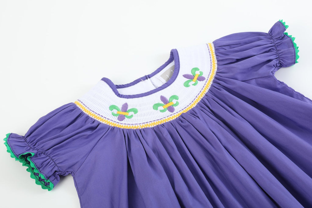 Purple Mardi Gras Smocked Bishop Dress - Lil Cactus