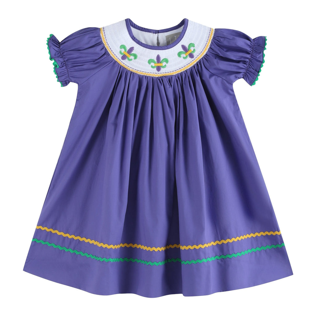 Purple Mardi Gras Smocked Bishop Dress - Lil Cactus