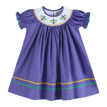 Purple Mardi Gras Smocked Bishop Dress - Lil Cactus