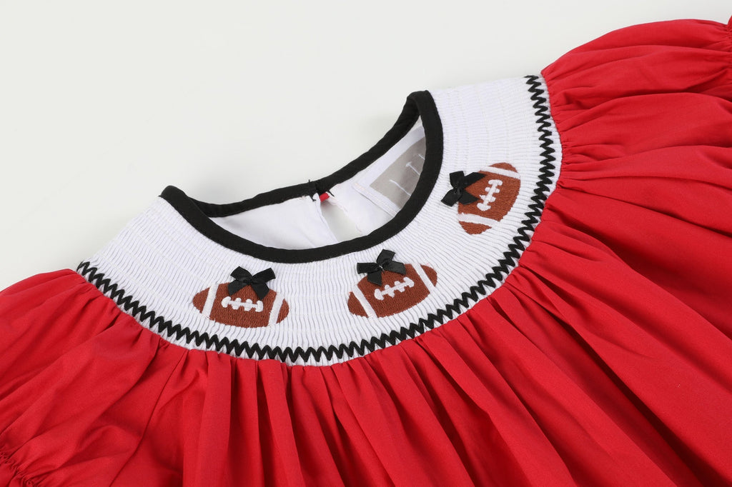 Red and Black Football Smocked Bishop Dress - Lil Cactus