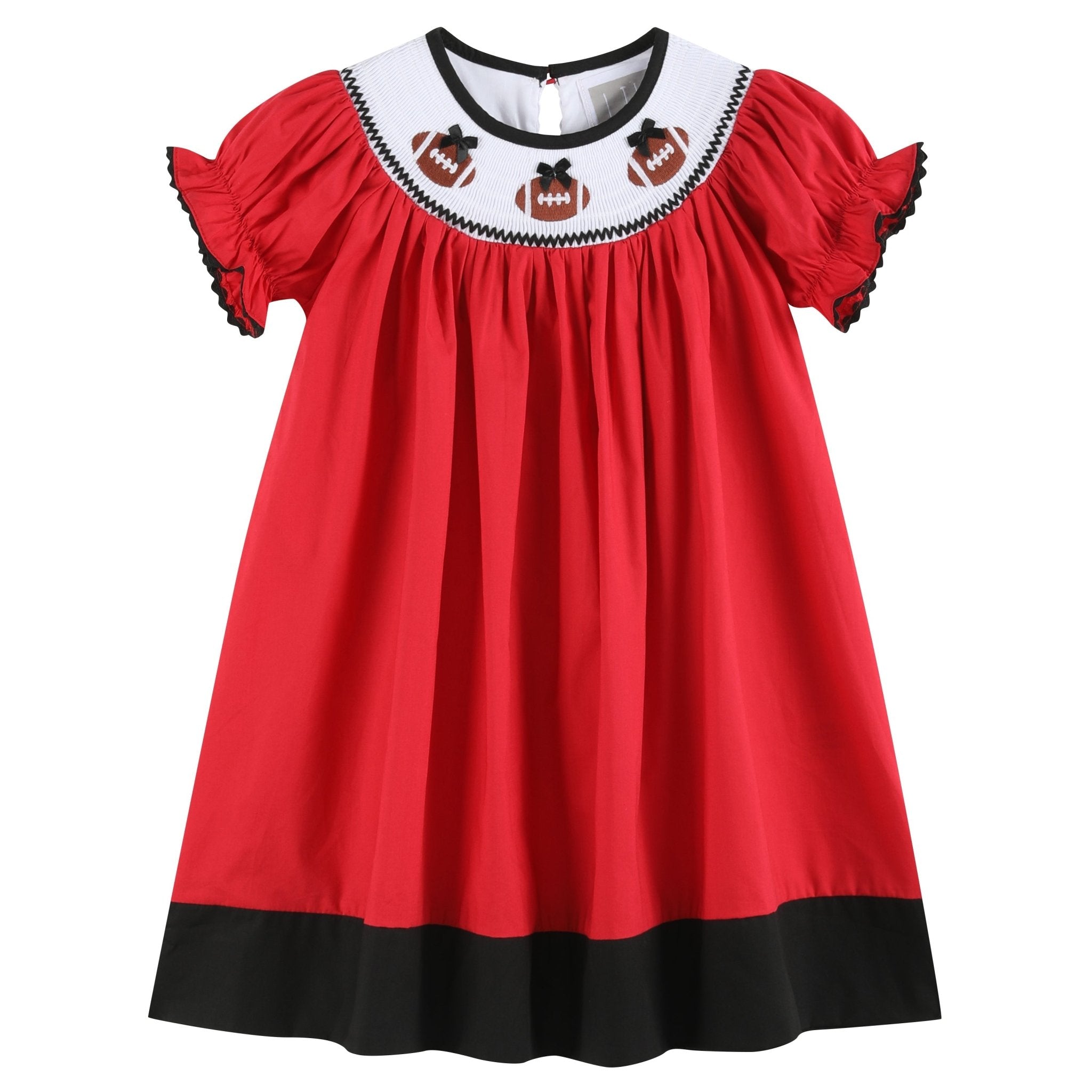 Red and Black Football Smocked Bishop Dress, 5Y