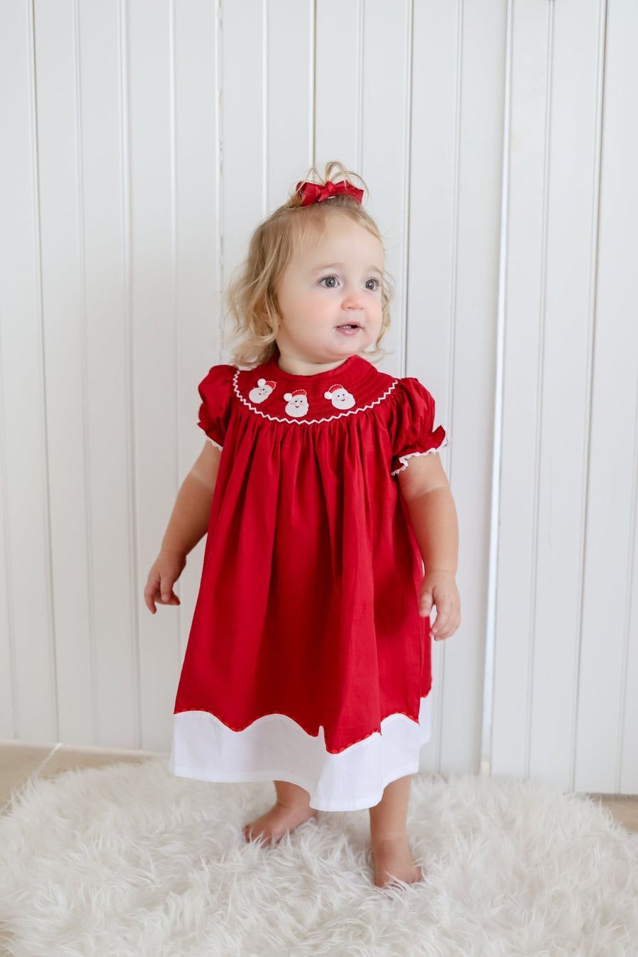 Red and White Santa Smocked Bishop Dress - Lil Cactus