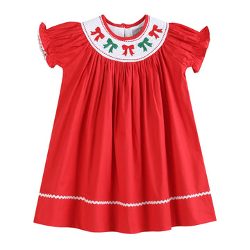 Red Christmas Bows Smocked Bishop Dress - Lil Cactus