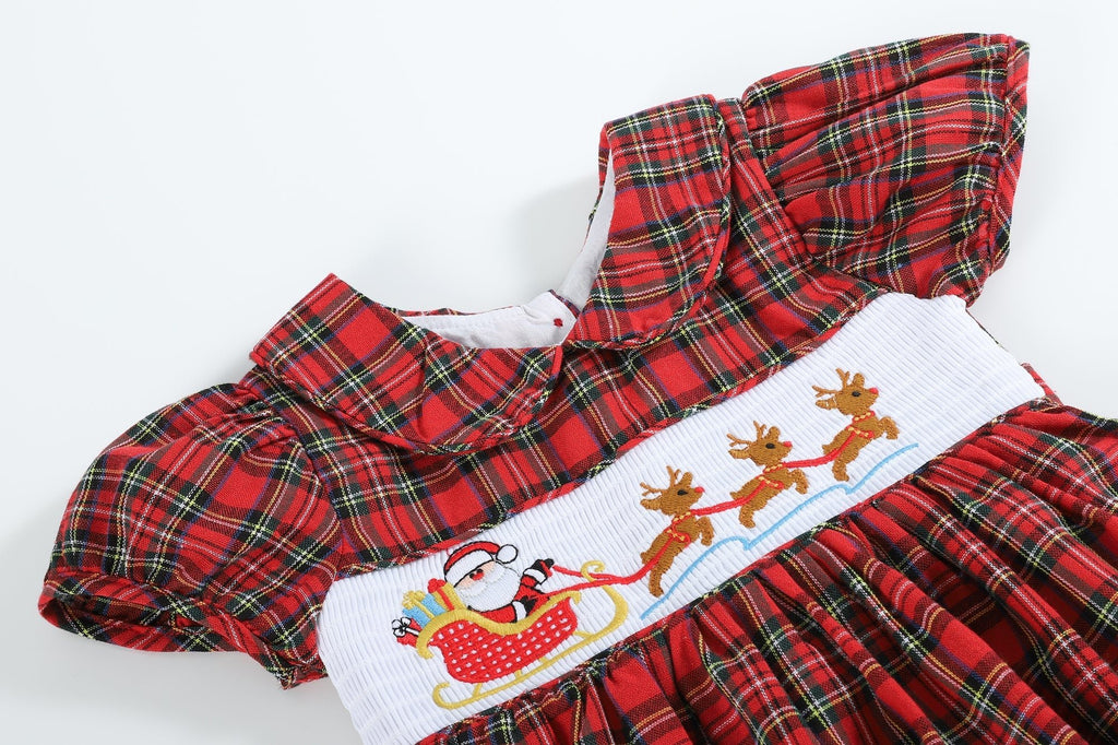 Red Christmas Plaid Santa Sleigh Smocked Dress - Lil Cactus