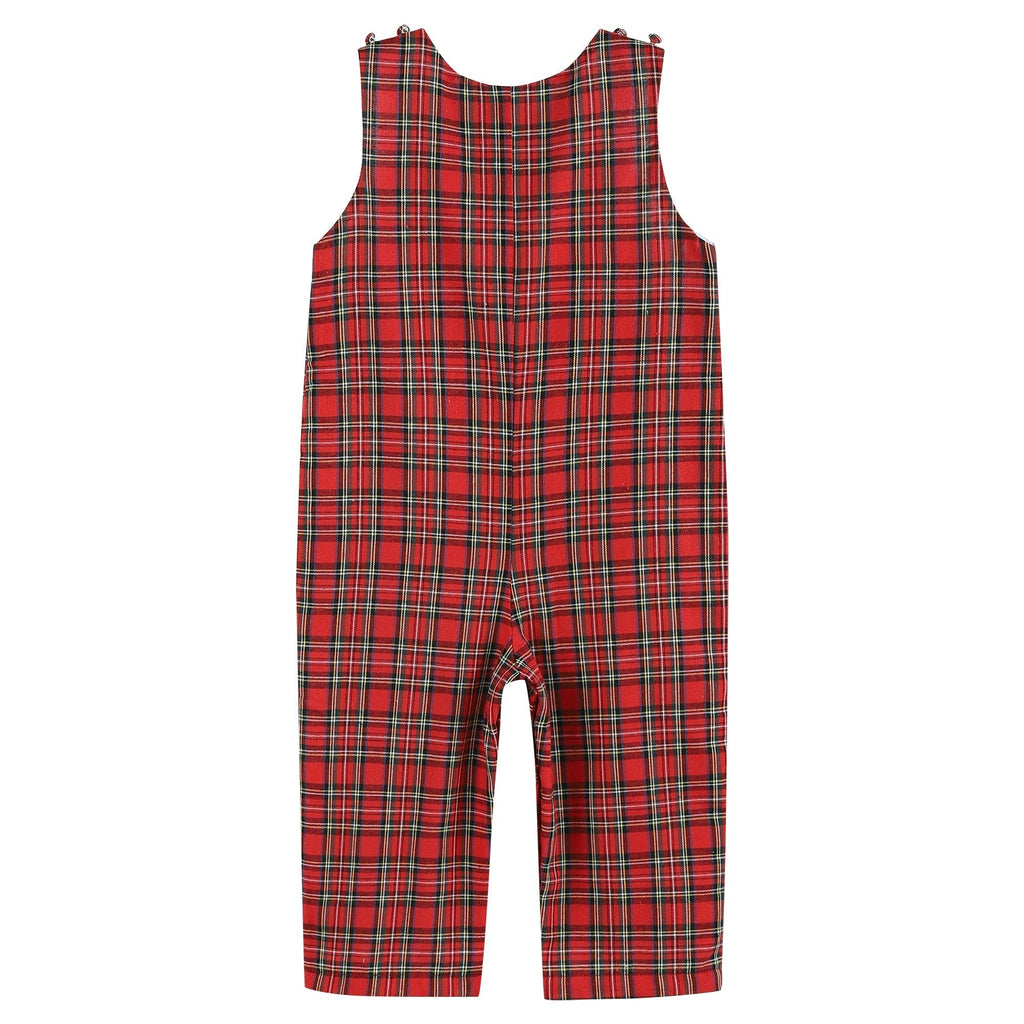 Red Christmas Plaid Santa Sleigh Smocked Overalls - Lil Cactus