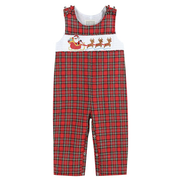 Red Christmas Plaid Santa Sleigh Smocked Overalls - Lil Cactus
