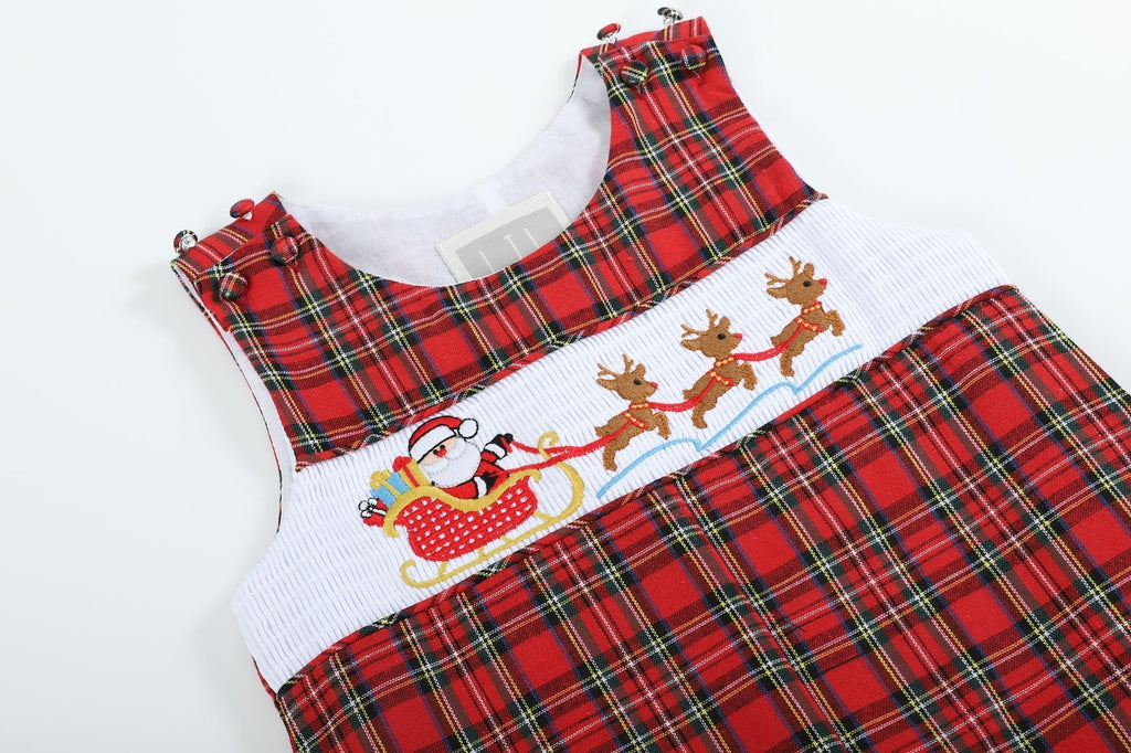 Red Christmas Plaid Santa Sleigh Smocked Overalls - Lil Cactus