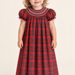 Red Christmas Plaid Smocked Bishop Dress on a two-year-old girl, AI-generated draft