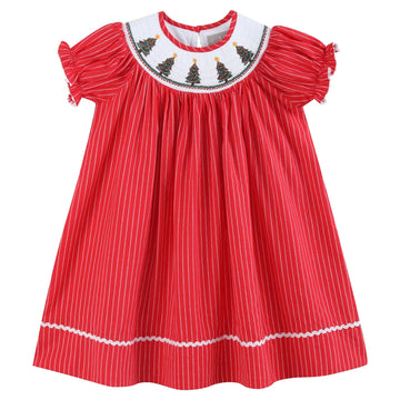 Red Christmas Tree Smocked Bishop Dress - Lil Cactus