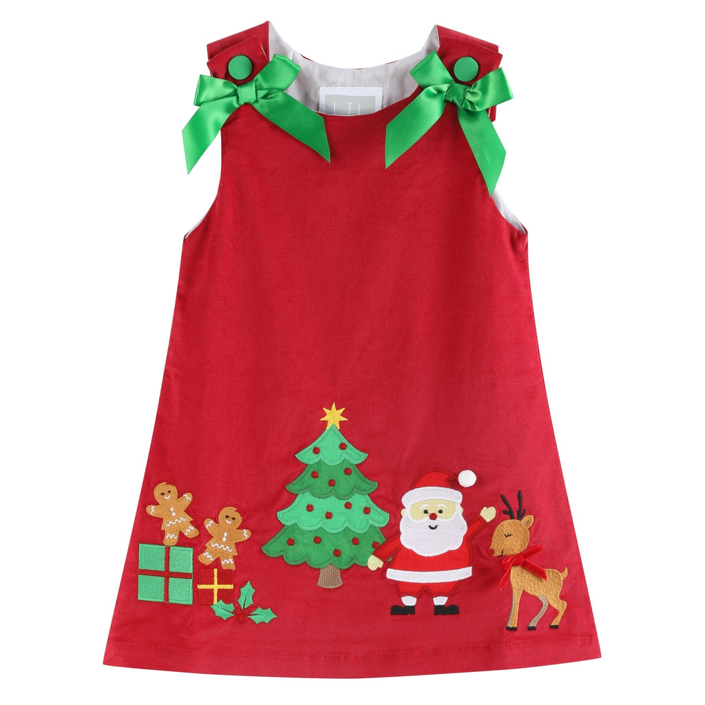 Red Corduroy Christmas Applique Bow Dress - Lil Cactus