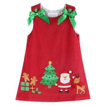 Red Corduroy Christmas Applique Bow Dress - Lil Cactus
