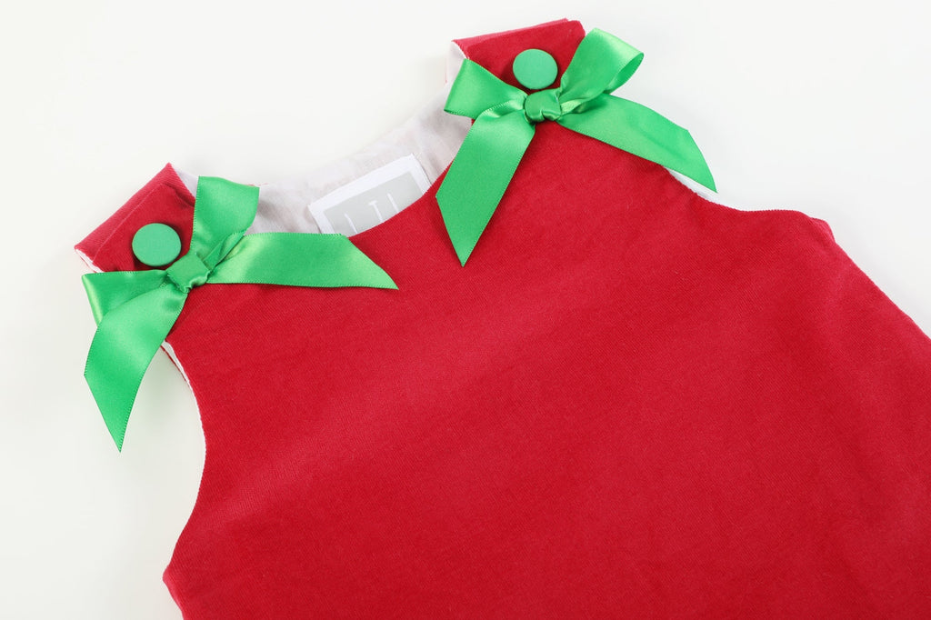 Red Corduroy Christmas Applique Bow Dress - Lil Cactus
