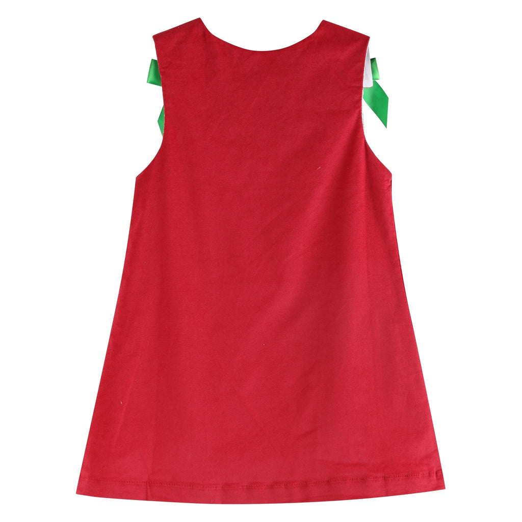 Red Corduroy Christmas Applique Bow Dress - Lil Cactus