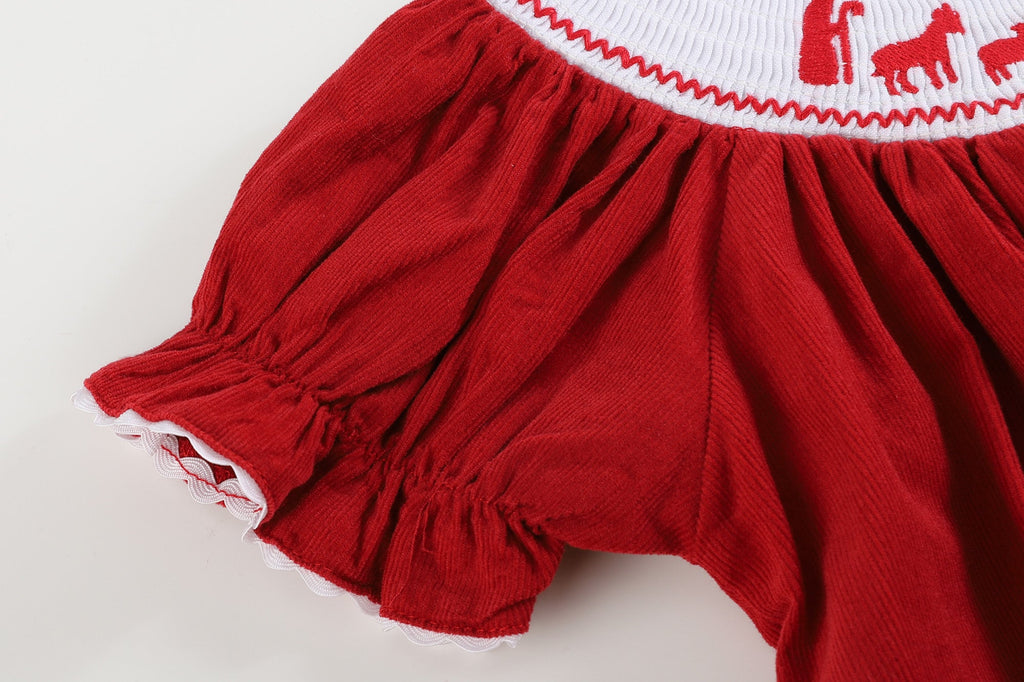 Red Corduroy Christmas Nativity Smocked Bishop Dress - Lil Cactus