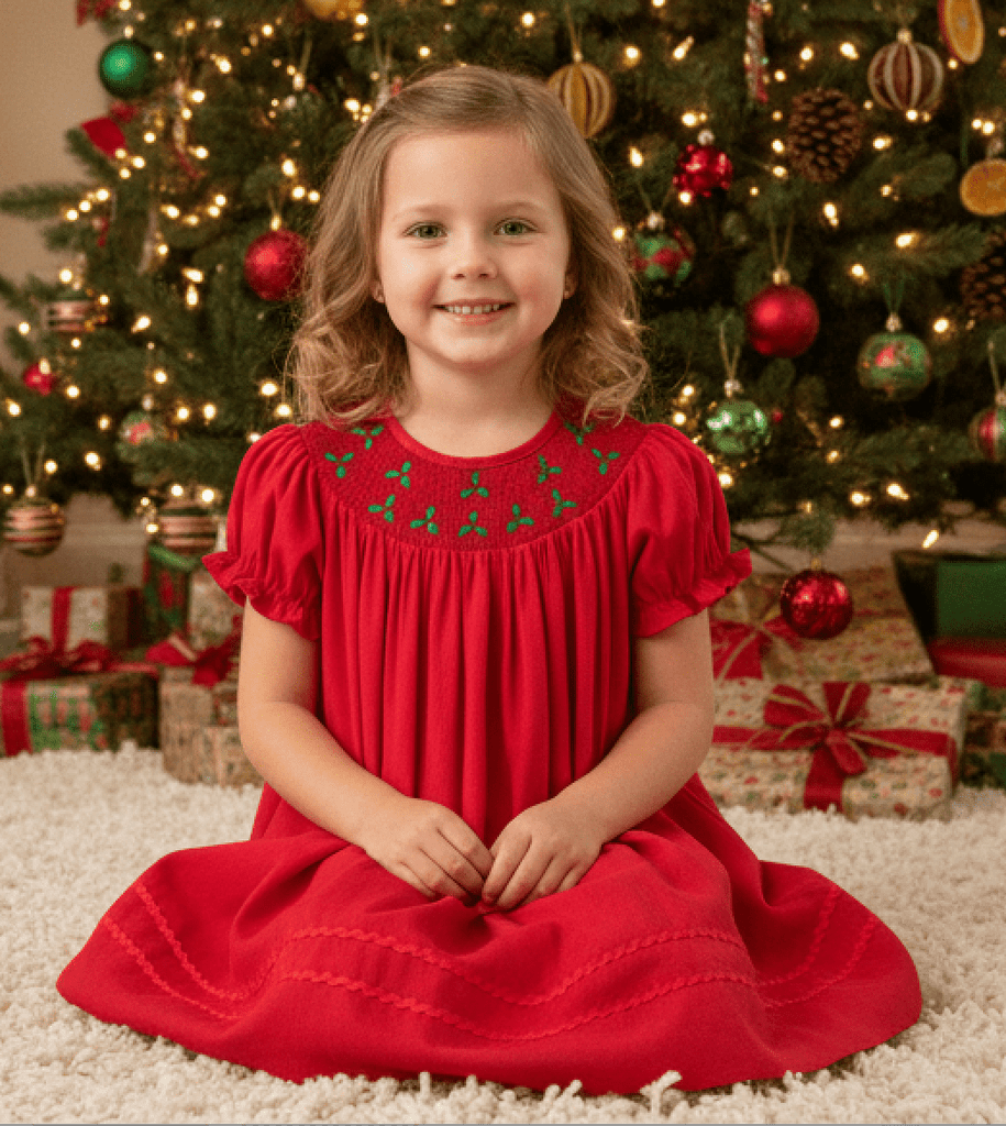 Red Corduroy Mistletoe Smocked Bishop Dress - Lil Cactus