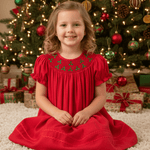 Red Corduroy Mistletoe Smocked Bishop Dress - Lil Cactus