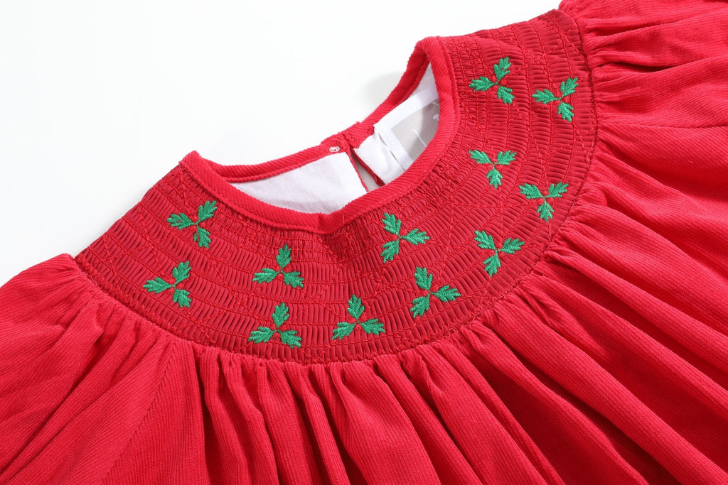 Red Corduroy Mistletoe Smocked Bishop Dress - Lil Cactus