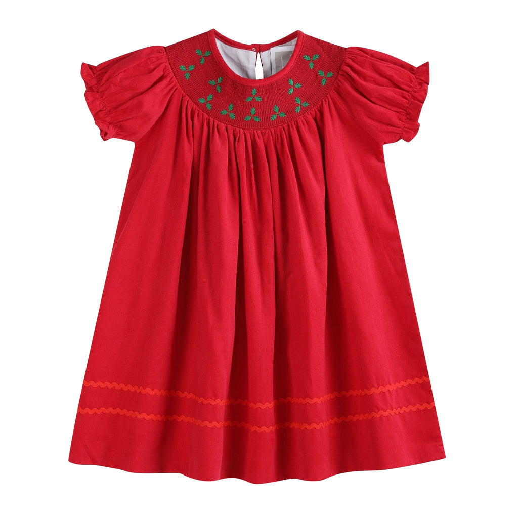 Red Corduroy Mistletoe Smocked Bishop Dress - Lil Cactus