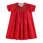 Red Corduroy Mistletoe Smocked Bishop Dress - Lil Cactus