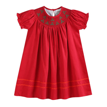 Red Corduroy Mistletoe Smocked Bishop Dress - Lil Cactus