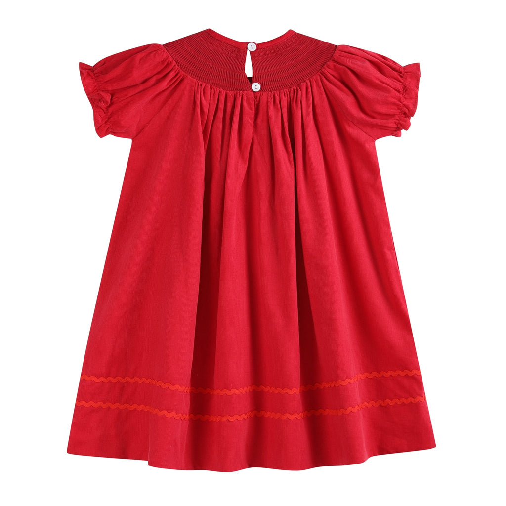 Red Corduroy Mistletoe Smocked Bishop Dress - Lil Cactus