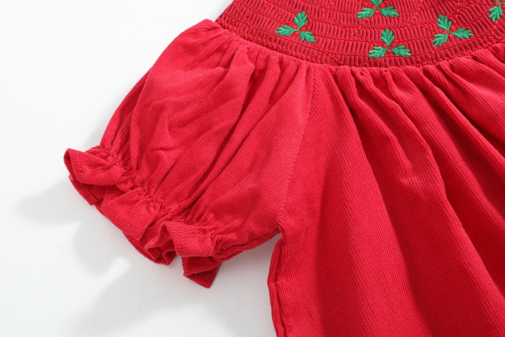 Red Corduroy Mistletoe Smocked Bishop Dress - Lil Cactus