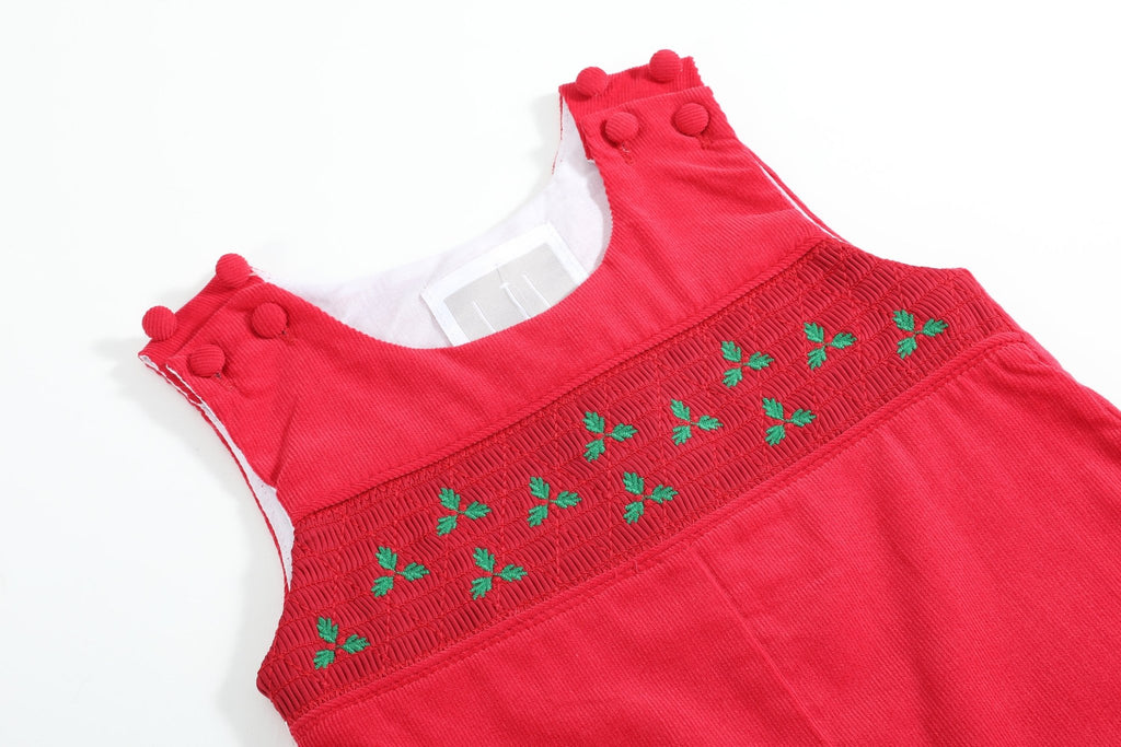 Red Corduroy Mistletoe Smocked Overalls - Lil Cactus