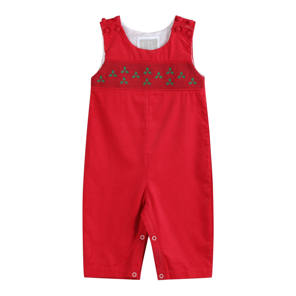 Red Corduroy Mistletoe Smocked Overalls - Lil Cactus
