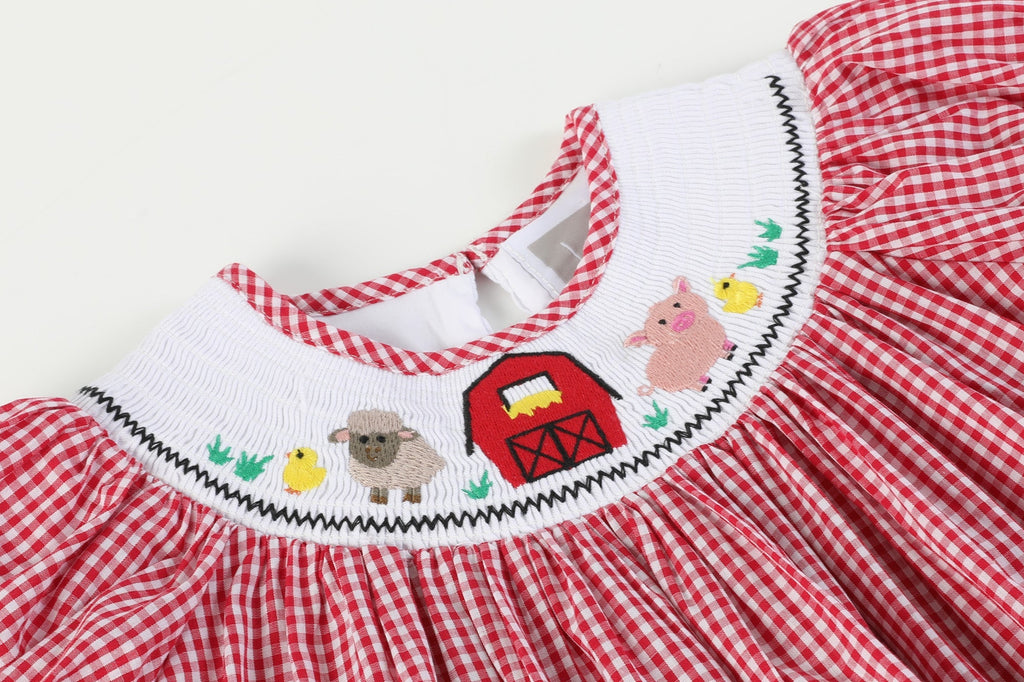 Red Gingham Barn Animals Smocked Bishop Dress - Lil Cactus