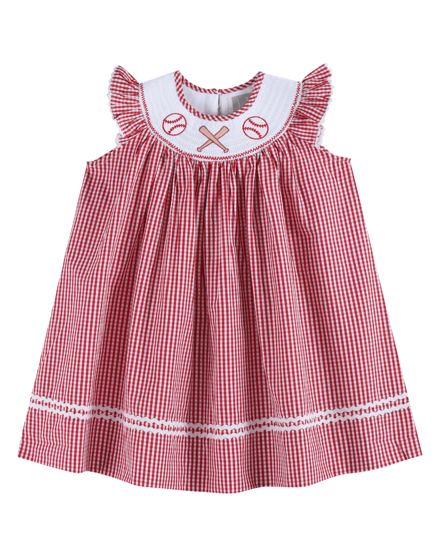 Red Gingham Baseball Smocked Bishop Dress - Lil Cactus