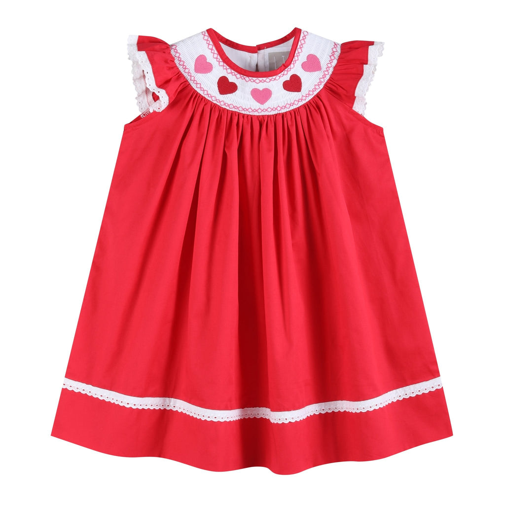 Red Heart and Lace Smocked Bishop Dress - Lil Cactus