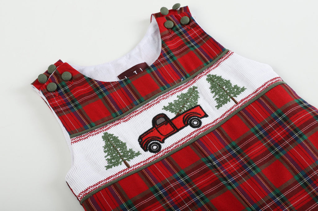 Red Plaid Truck & Tree Smocked Overalls - Lil Cactus