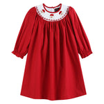 Red Poplin Santa Long Sleeve Smocked Bishop Dress - Lil Cactus