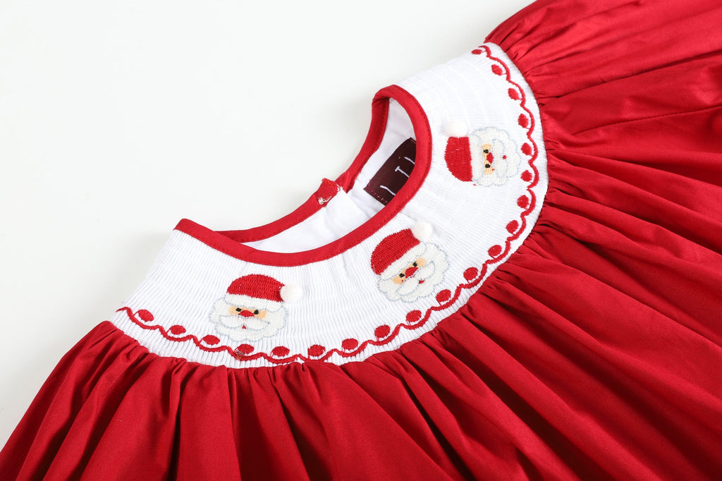 Red Poplin Santa Long Sleeve Smocked Bishop Dress - Lil Cactus