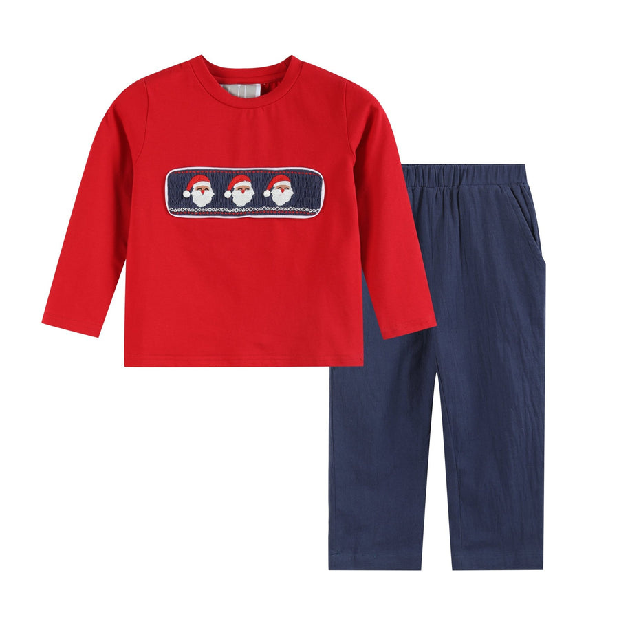 Red Santa Smocked Shirt and Navy Pants Set - Lil Cactus