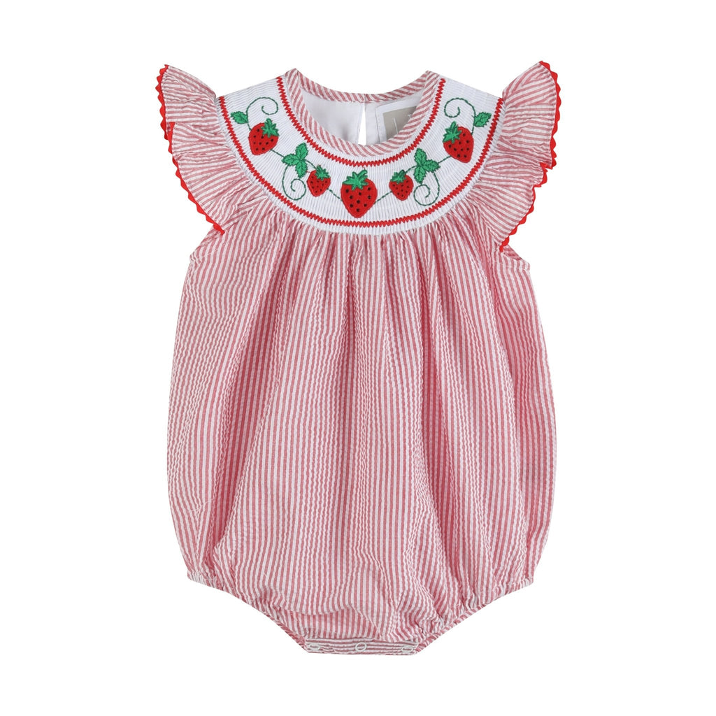 Red Seersucker Strawberry Smocked Romper - Lil Cactus