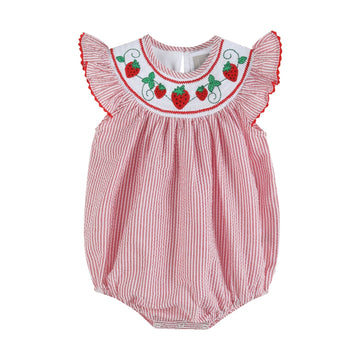 Red Seersucker Strawberry Smocked Romper - Lil Cactus