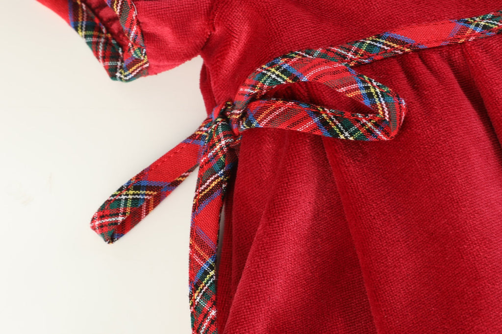 Red Velour and Christmas Plaid Bow Dress - Lil Cactus