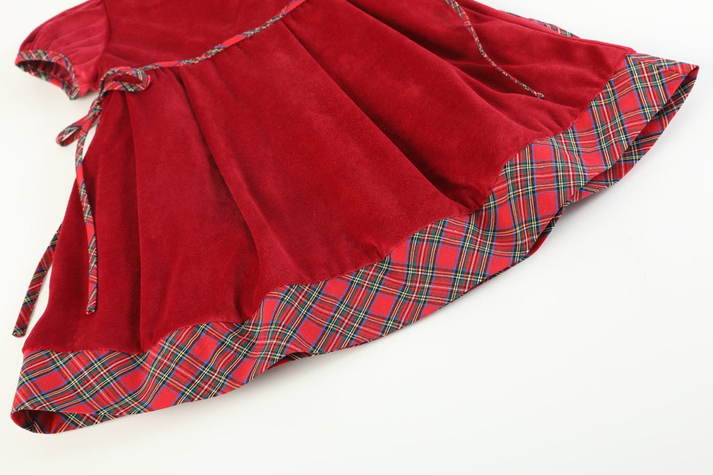 Red Velour and Christmas Plaid Bow Dress - Lil Cactus