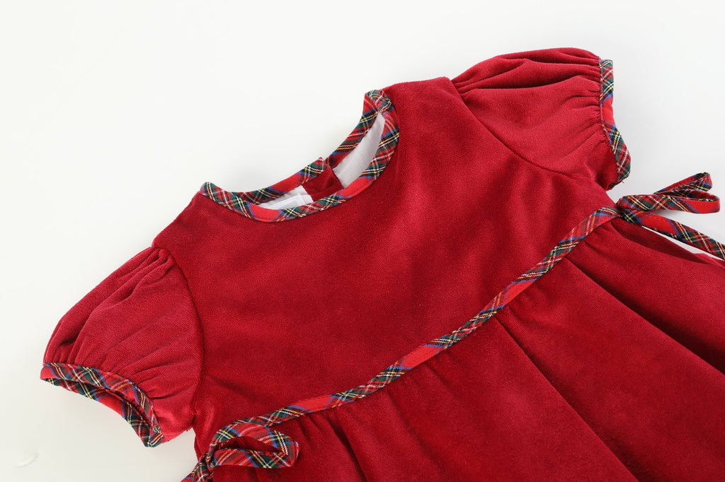 Red Velour and Christmas Plaid Bow Dress - Lil Cactus