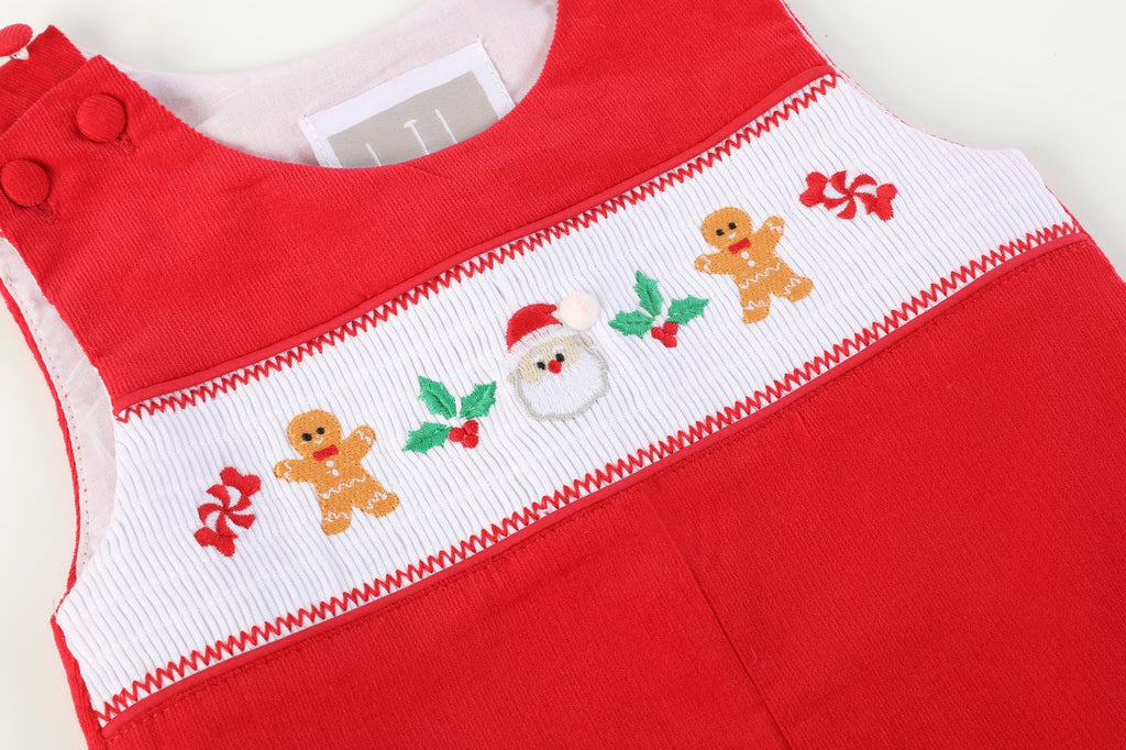 Red Velour Christmas Smocked Overalls - Lil Cactus