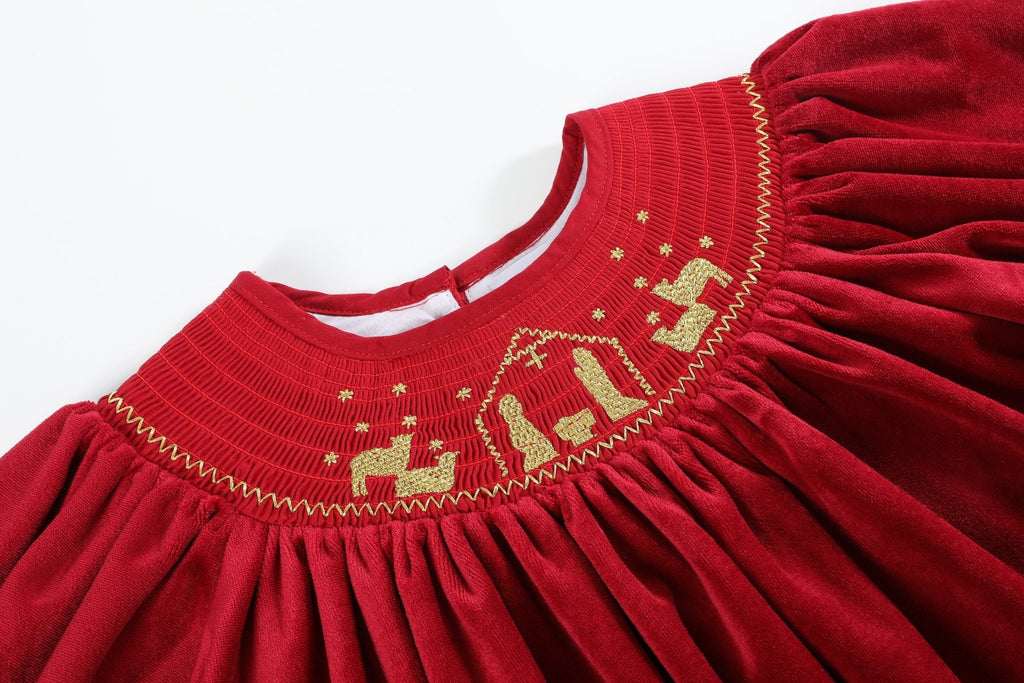Red Velour Nativity Smocked Dress - Lil Cactus